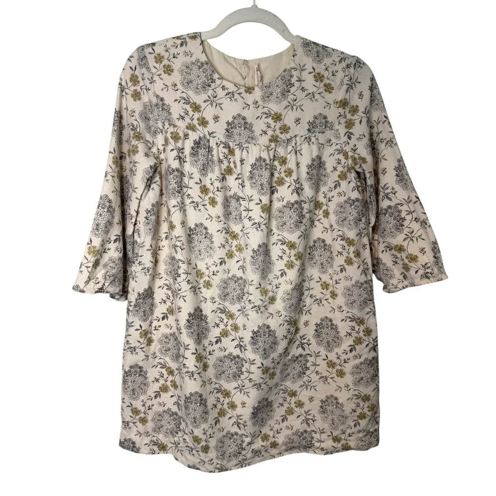 Bonpoint Girls Floral Cotton Wool Empire Waist Dress Cream Olive Size 12